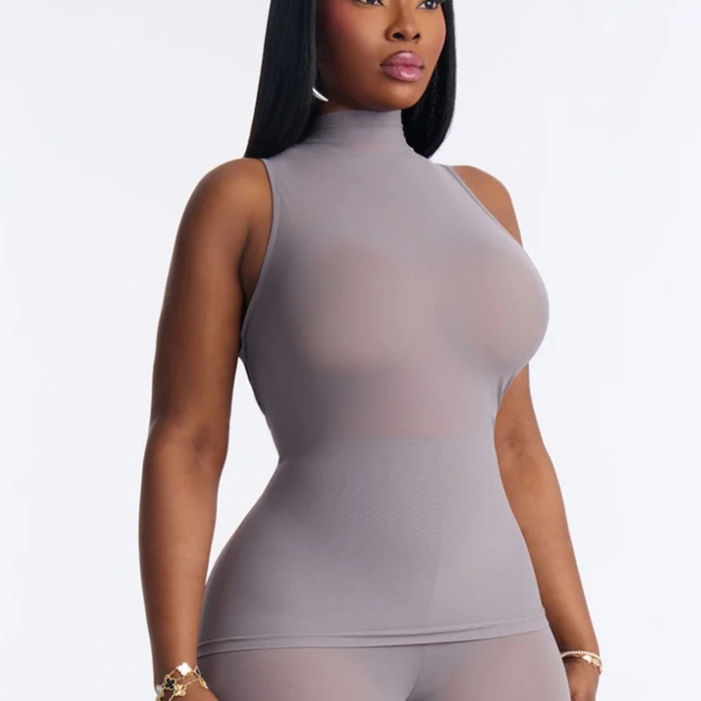 Fashion Nova Dark Gray Sheer Sleeveless Power Mesh Turtle Neck Top Size Small